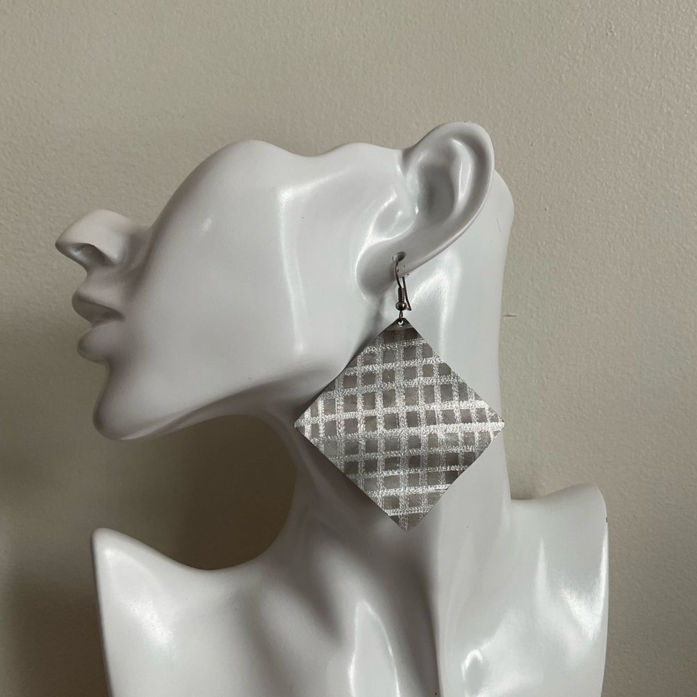 Silver Plaid Earrings 2.5"